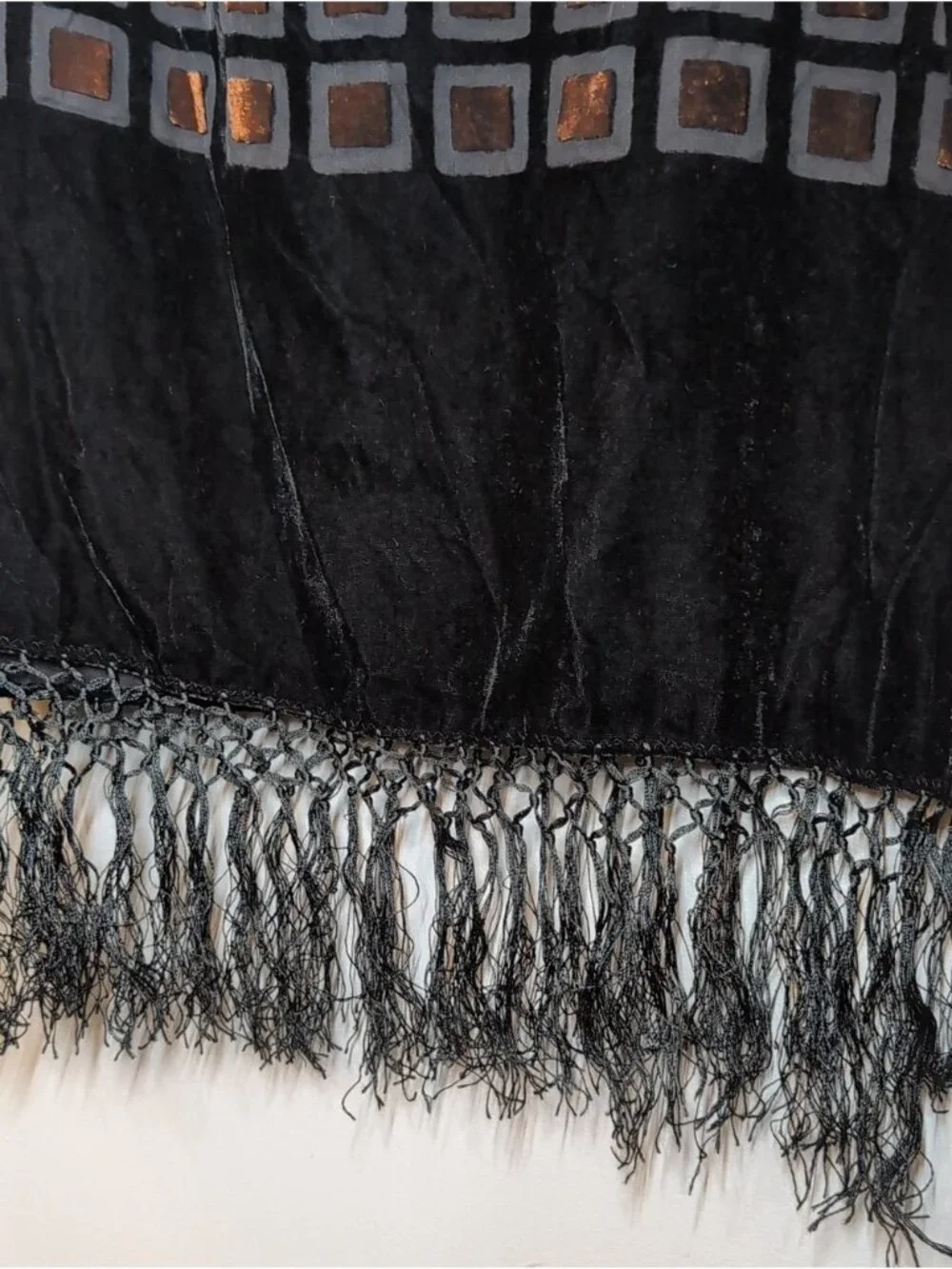 Vintage Y2K Silk Blend Burnout Velvet Scarf Fringe Geo Black Copper Luxe Wrap